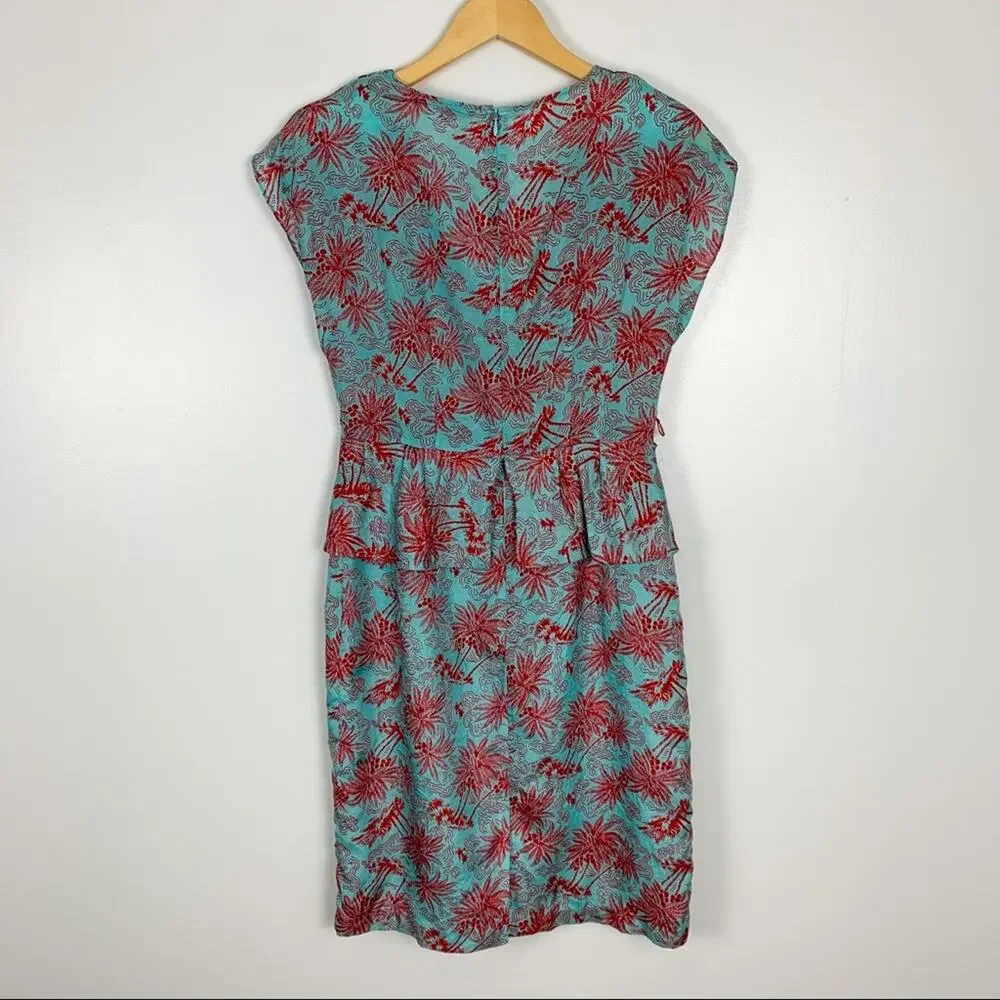 Nanette Lepore Teal & Red 100% Silk Peplum Waist Palm Print Dress Size 4 - Picture 6 of 13